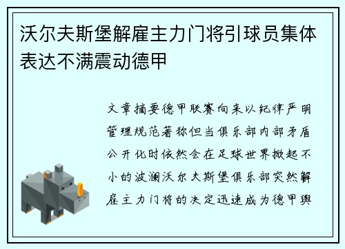 沃尔夫斯堡解雇主力门将引球员集体表达不满震动德甲